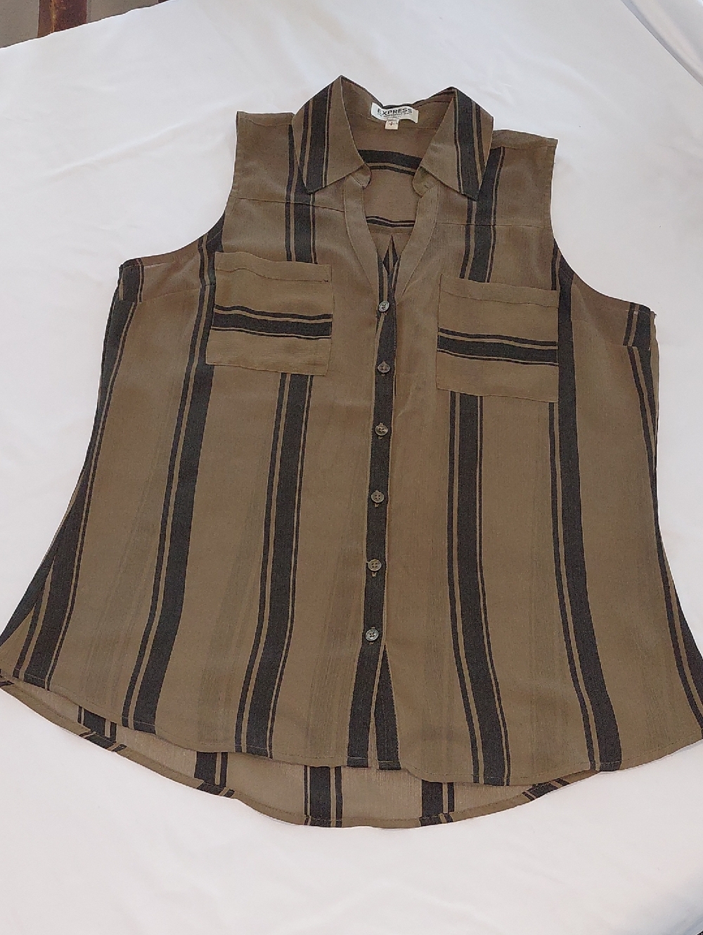 Express Portofino Light Brown and Black Stripes  Sleeveless Button-Front Blouse.